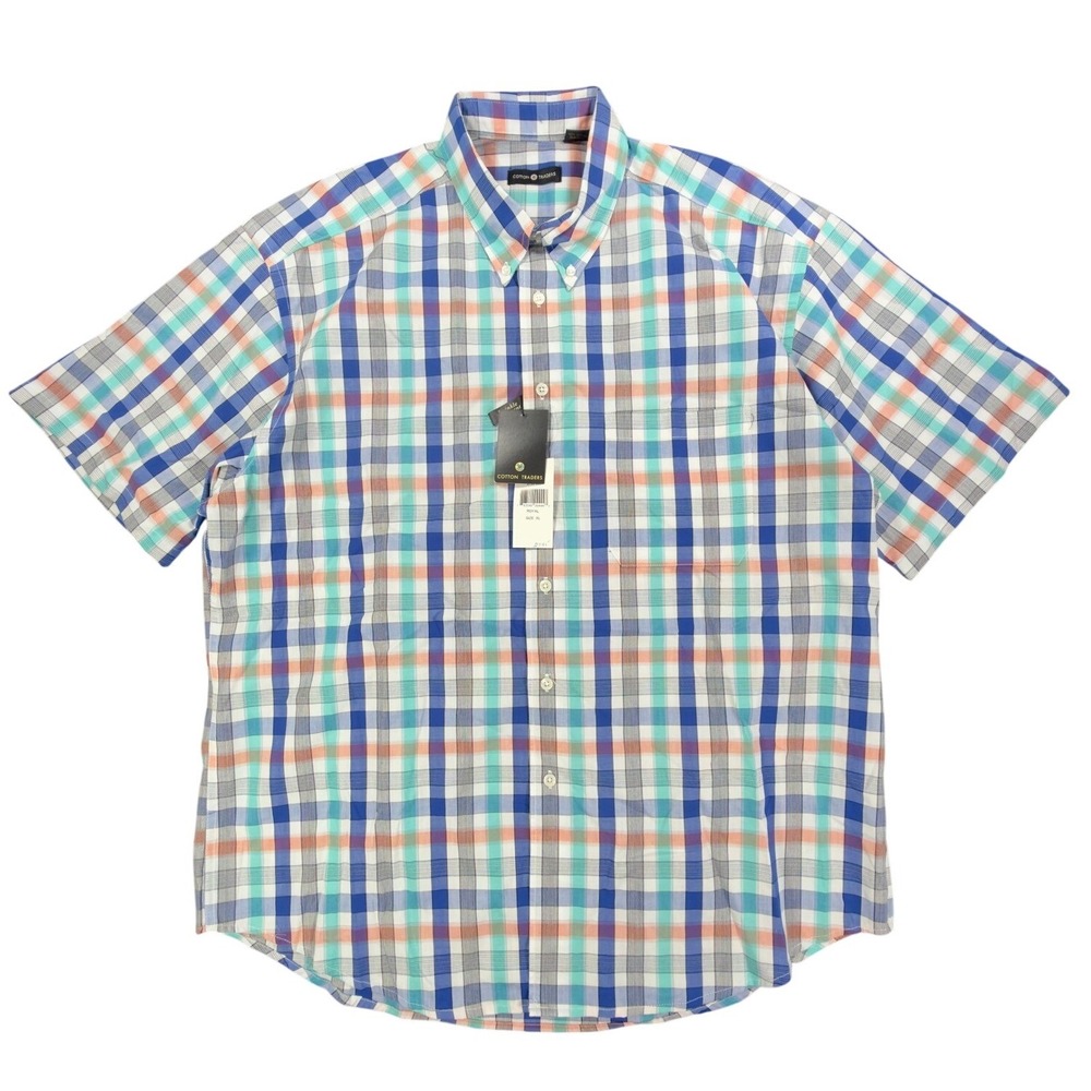 Cotton Traders Plaid Short Sleeve Button Down Men XL Royal Cotton New